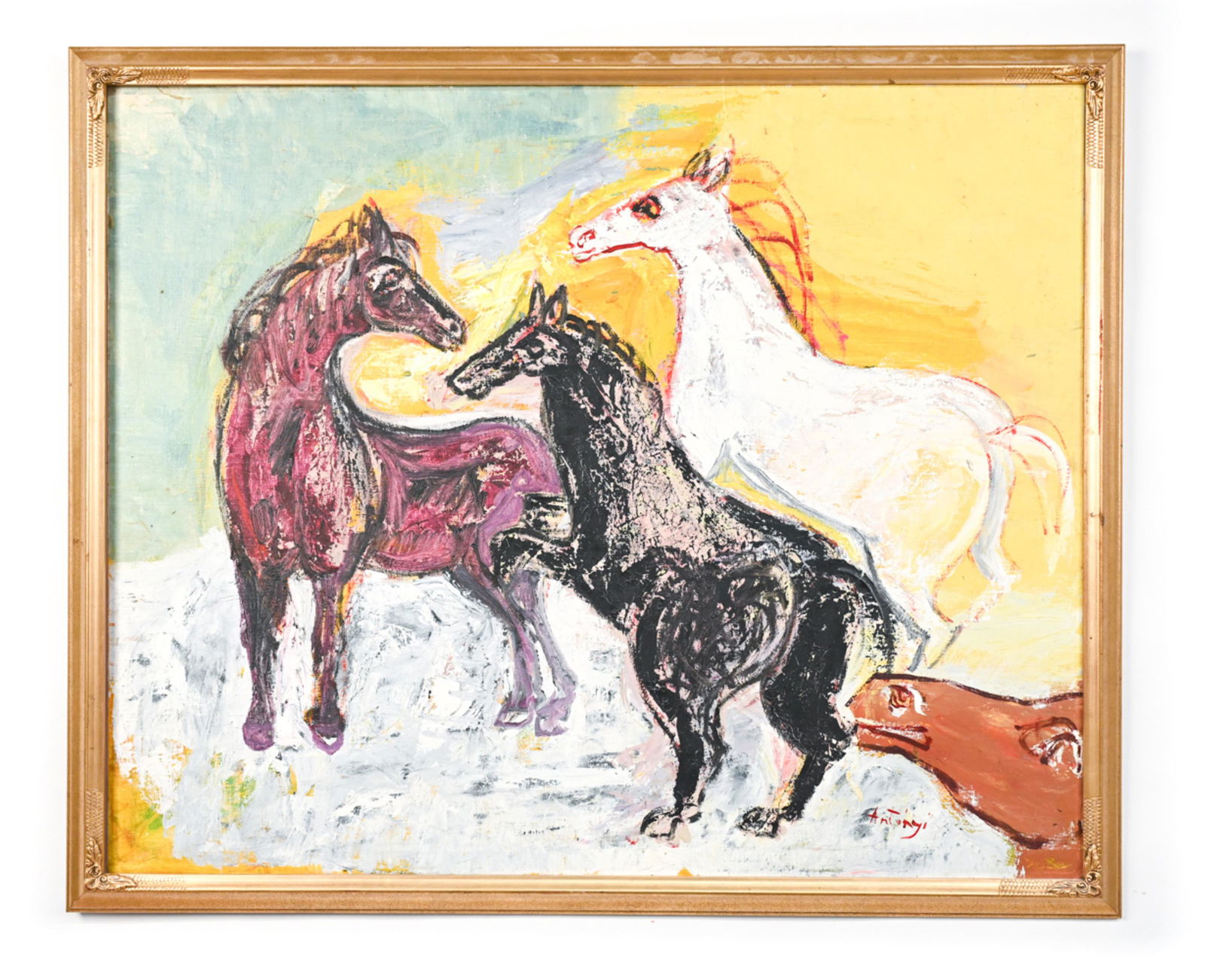 DANISH OIL ON CANVAS ABSTRACT HORSES PAINTING (1 of 9)