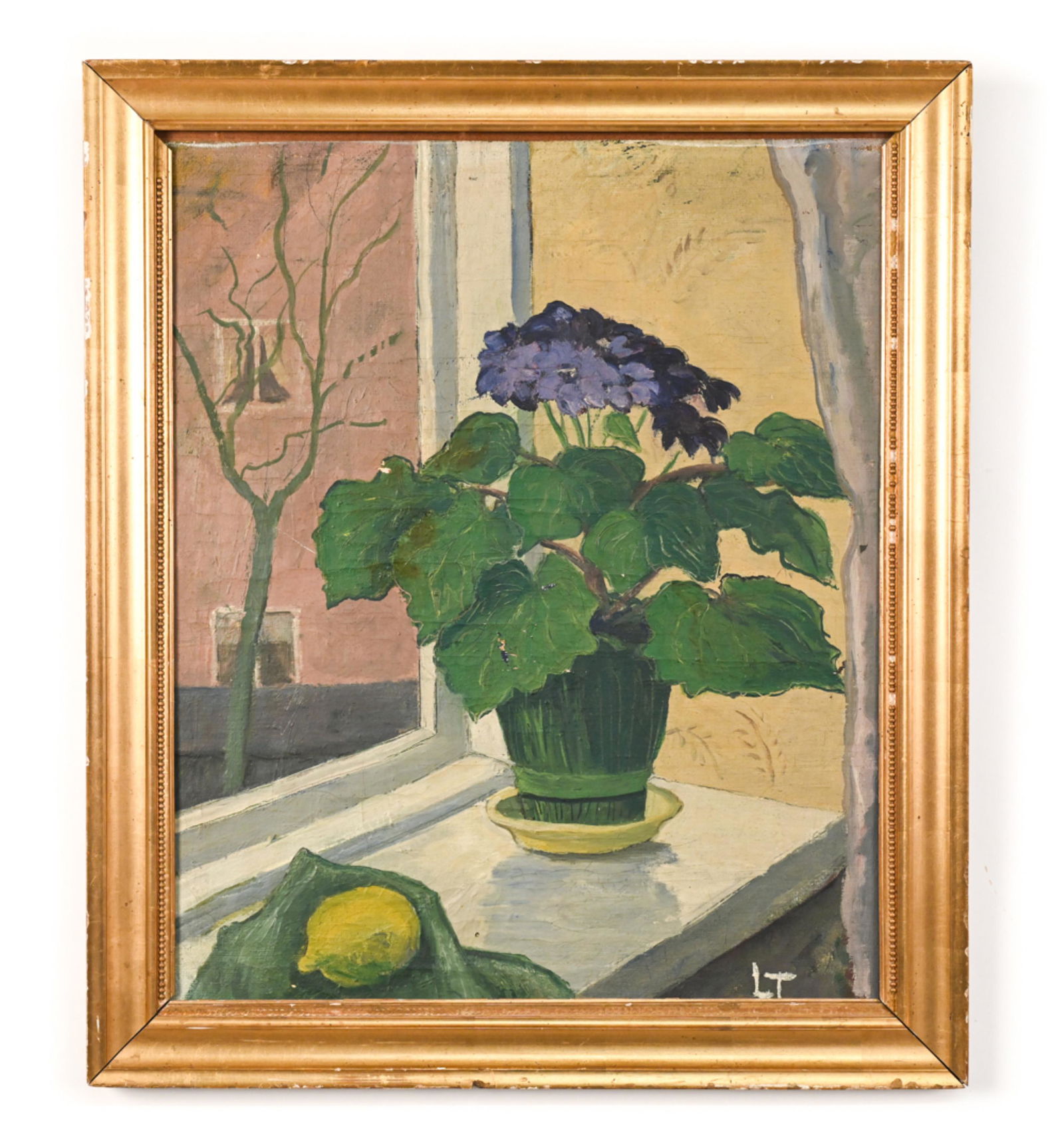 DANISH OIL ON MASONITE STILL LIFE: Windowsill still life with potted plant. Oil on masonite. Initialed LT lower right. Dimensions: (Frame) H 29.75" x W 25", (Masonite) H 25.5" x W 21.5" Condition: Some small chips and losses to paint s