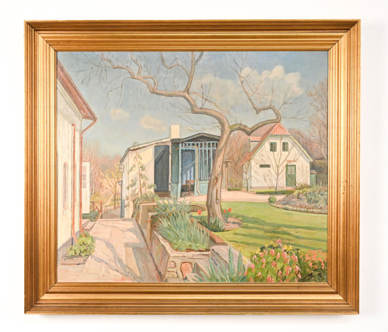 EIDAR PARSLEV DANISH OIL ON MASONITE: Signed lower left. Depicting houses with yard. Oil on masonite. Dimensions: (Frame) H 28.75" x W 32.25", (Painting) H 24" x W 27.5" Condition: Light frame wear.
