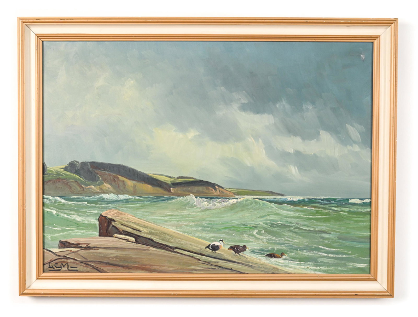 LEO CH. MOLLER DANISH OIL ON CANVAS: Initialed LCM lower left. Label verso with artist information. Seascape oil on canvas. Dimensions: (Frame) H 22" x W 29", (Canvas) H 18.5" x W 26" Condition: Small damage upper right corner. Some mark