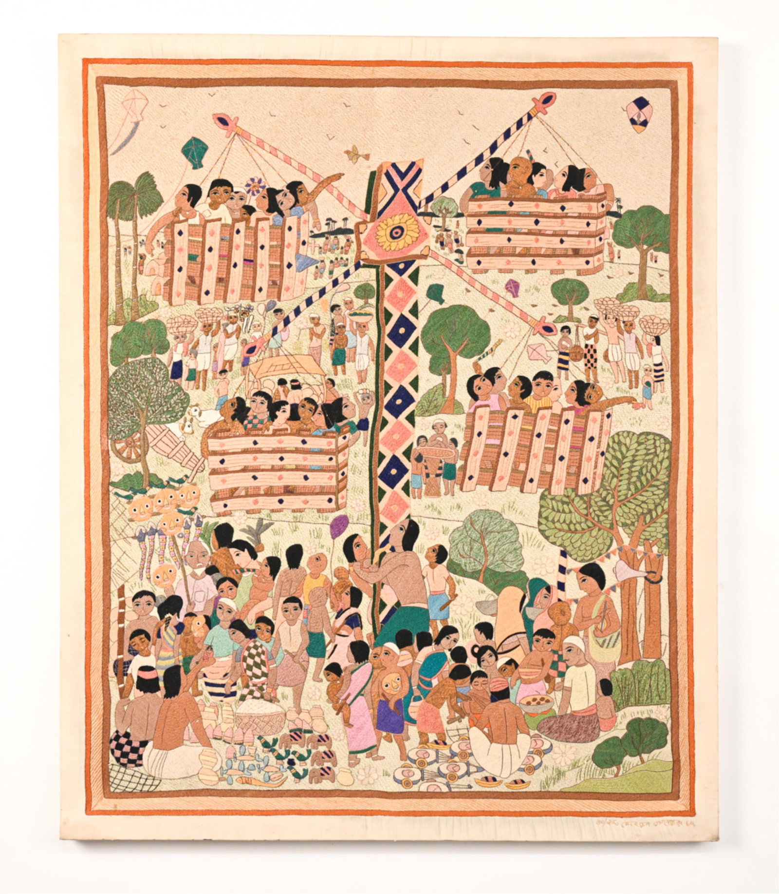 C. 1969 VINTAGE EMBROIDERY: With signature, dated '69 lower right. Dimensions: (Frame) H 39.25" x W 32" Condition: Some slight discoloration and surface soiling. Few small pulls to threads.