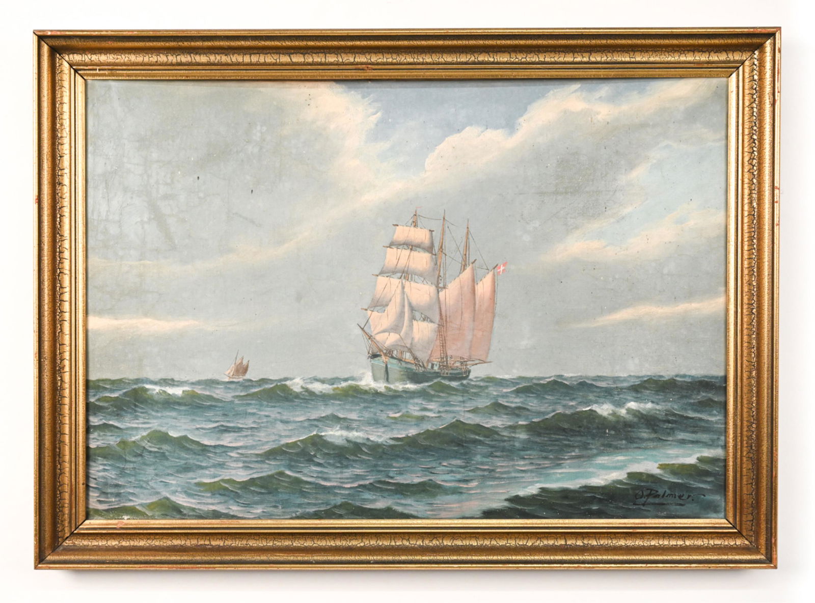 O. PALMER DANISH OIL ON CANVAS SEASCAPE W/ SHIP (1 of 9)