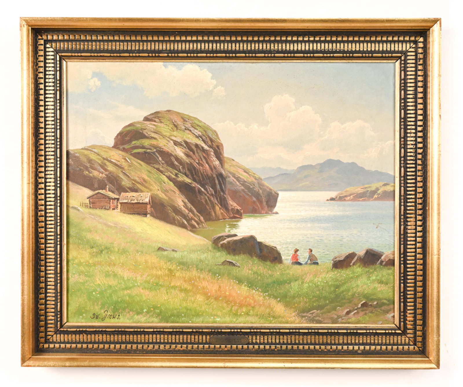 SVEND DREWS (B. 1919) DANISH OIL ON CANVAS: Signed lower right: Sv. Drews. Oil on canvas depicting couple by water and cabins. Dimensions: (Frame) H 20" x W 24", (Canvas) H 16" x W 20" Condition: Small spots of soiling to canvas. Light frame we