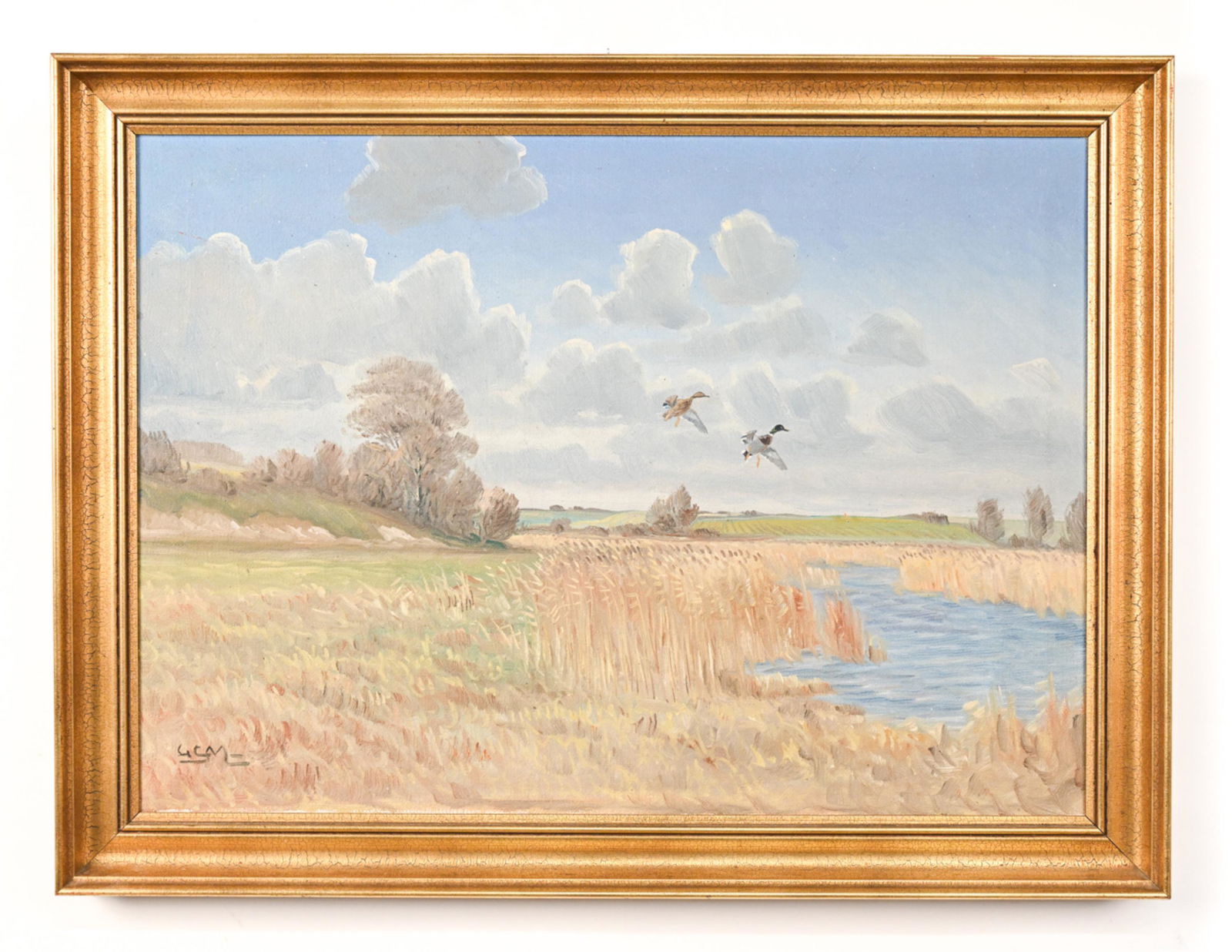 LEO MOLLER DANISH OIL ON CANVAS LANDSCAPE: Initialed LCM lower left. Oil on canvas landscape with mallard ducks. Dimensions: (Frame) H 24" x W 30.25", (Canvas) H 19.5" x W 27" Condition: Light frame wear. Few small flecks to paint.
