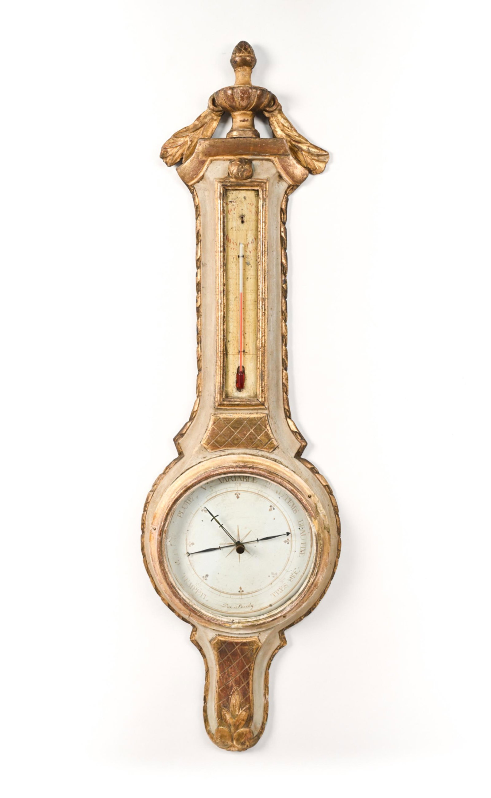 LAR PAREDY FRENCH PAINTED BAROMETER: Marked Lar Paredy to face. Painted case. Indistinctly marked near top. Dimensions: H 42" x W 12.5" x D 2.5" Condition: Not tested for accuracy. Paint chips and wear to case. Few small cracks to paint.