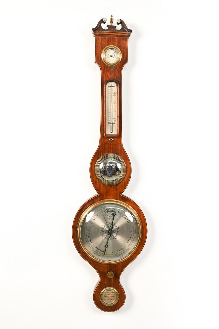 D. WENHAM DEREHAM BAROMETER: Marked to bottom. Dimensions: H 38.25" x W 9.75" x D 2.5" Condition: Not tested for accuracy. Some tarnish. Few scratches.