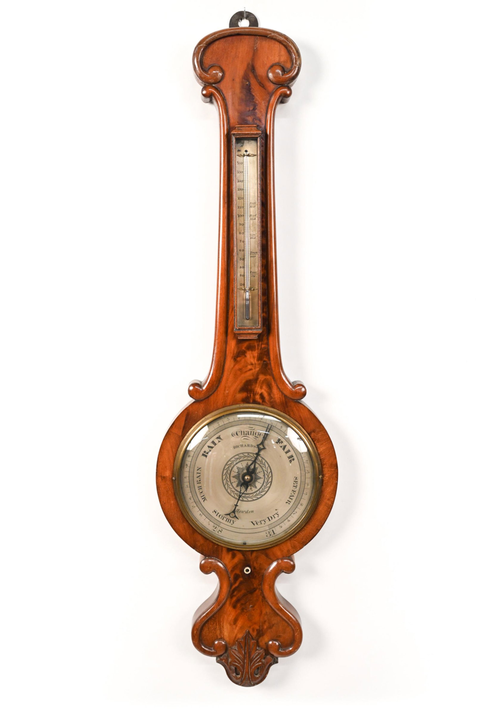 RICHARDSON HOWDEN BAROMETER: Marked to face. Dimensions: H 39.5" x W 10.25" x D 1.5" Condition: Missing knob. Some tarnish. Wear and loss to case including old repair near top. Not tested for accuracy.