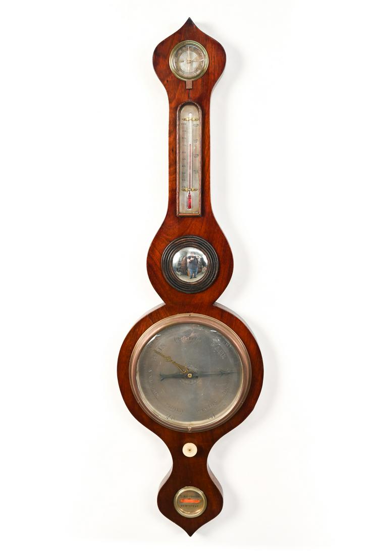 T. WHITEHORN HAMPSTEAD BAROMETER: Marked to bottom: T. Whitehorn, Hampstead. Dimensions: H 38" x W 10.5" x D 1.5" Condition: Not tested for accuracy. Some tarnish to metal. Chip to knob.