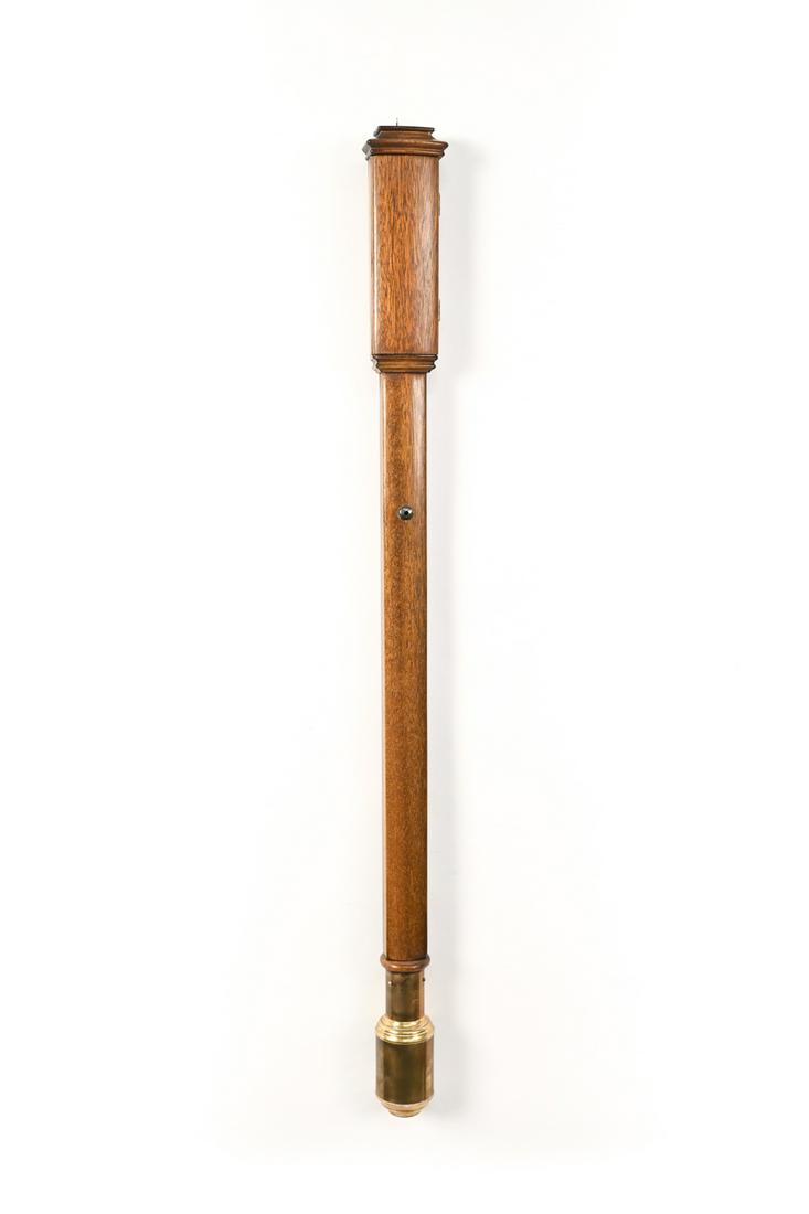 BAROMETER: Top of case opens to reveal barometer. Dimensions: H 37" x W 3" x D 2.25" Condition: Some tarnish. Not tested for accuracy.