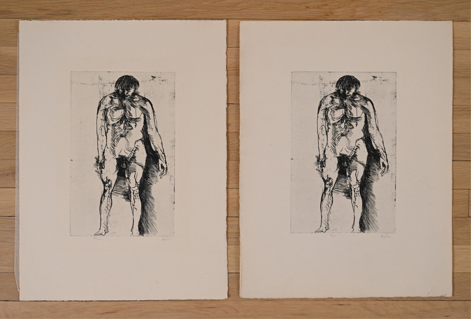 (2) LEONARD BASKIN LITHOGRAPHS: Same image of nude man. Numbered 3/100 and 45/100. Both pencil signed. Dimensions: (Paper) H 15" x W 11.5" Condition: Light and even yellowing. Minor wear to edges.