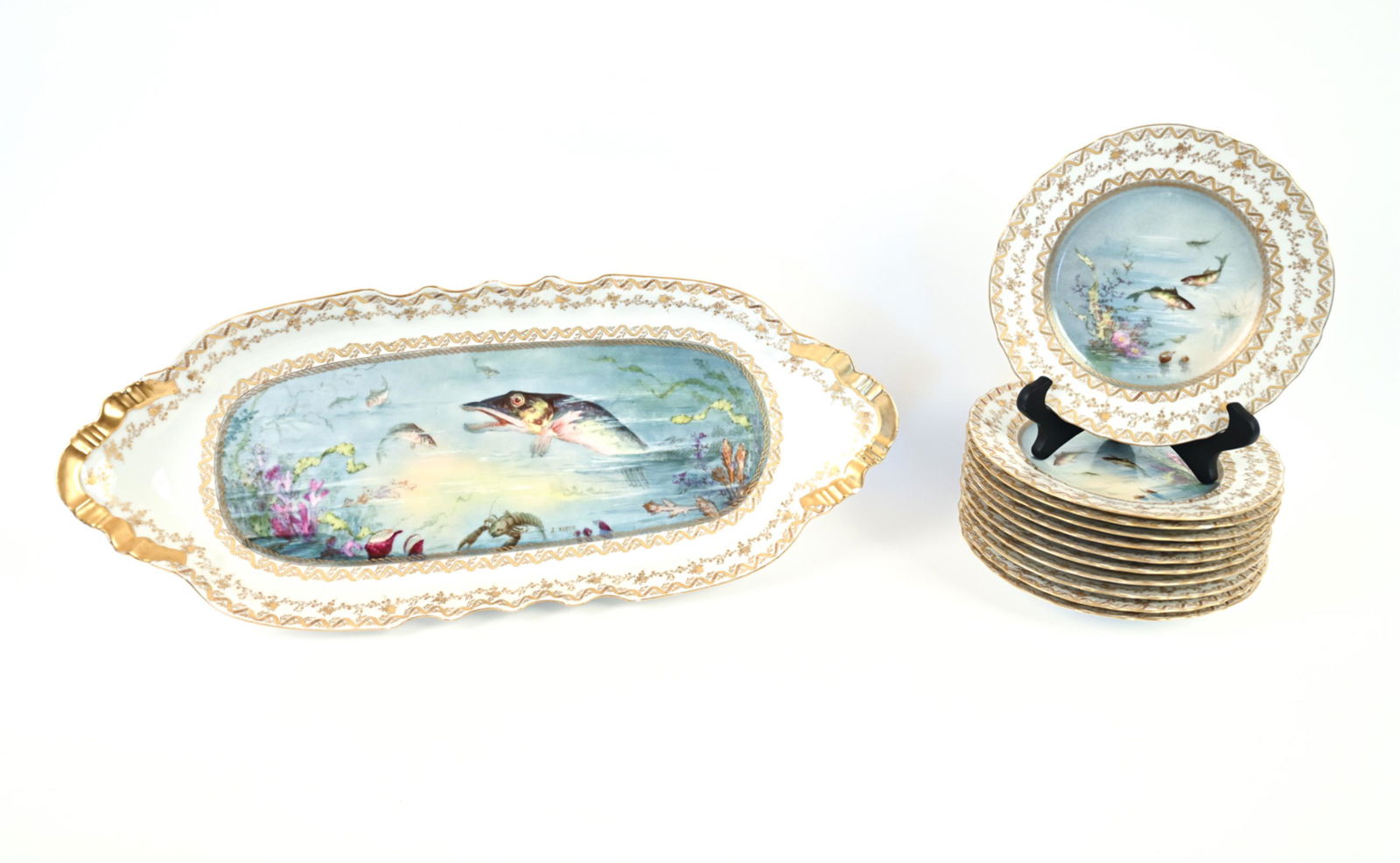 (11) HAVILAND LIMOGES PORCELAIN FISH PLATES & TRAY (1 of 20)