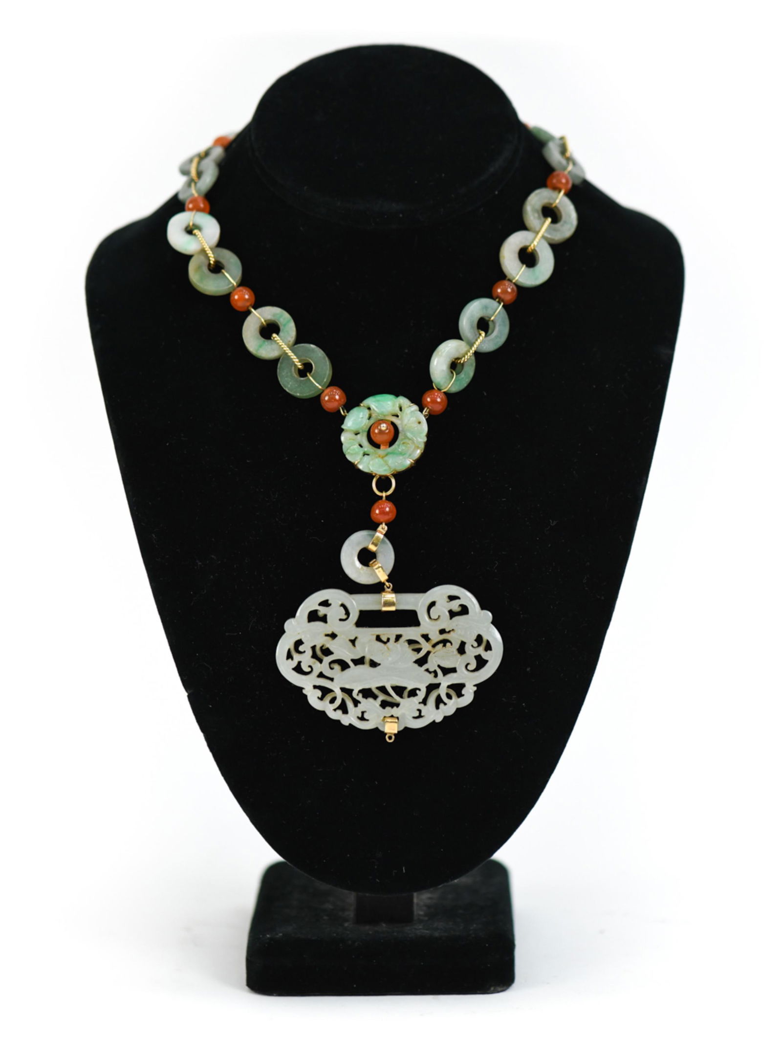 FINE CHINESE CARVED JADE & CARNELIAN 14K NECKLACE (1 of 12)