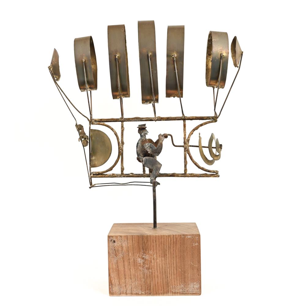 WHIMSICAL HOT AIR BALLOON SCULPTURE: Apparently unsigned. Dimensions: H 21" x W 15" x D 3.5" Condition: Some tarnish and rust. Light wear to base. Some bending to elements.