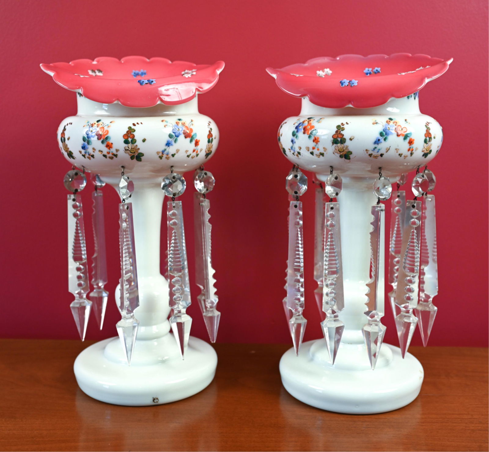 PAIR OF ANTIQUE PAINTED GLASS MANTEL LUSTERS (1 of 13)