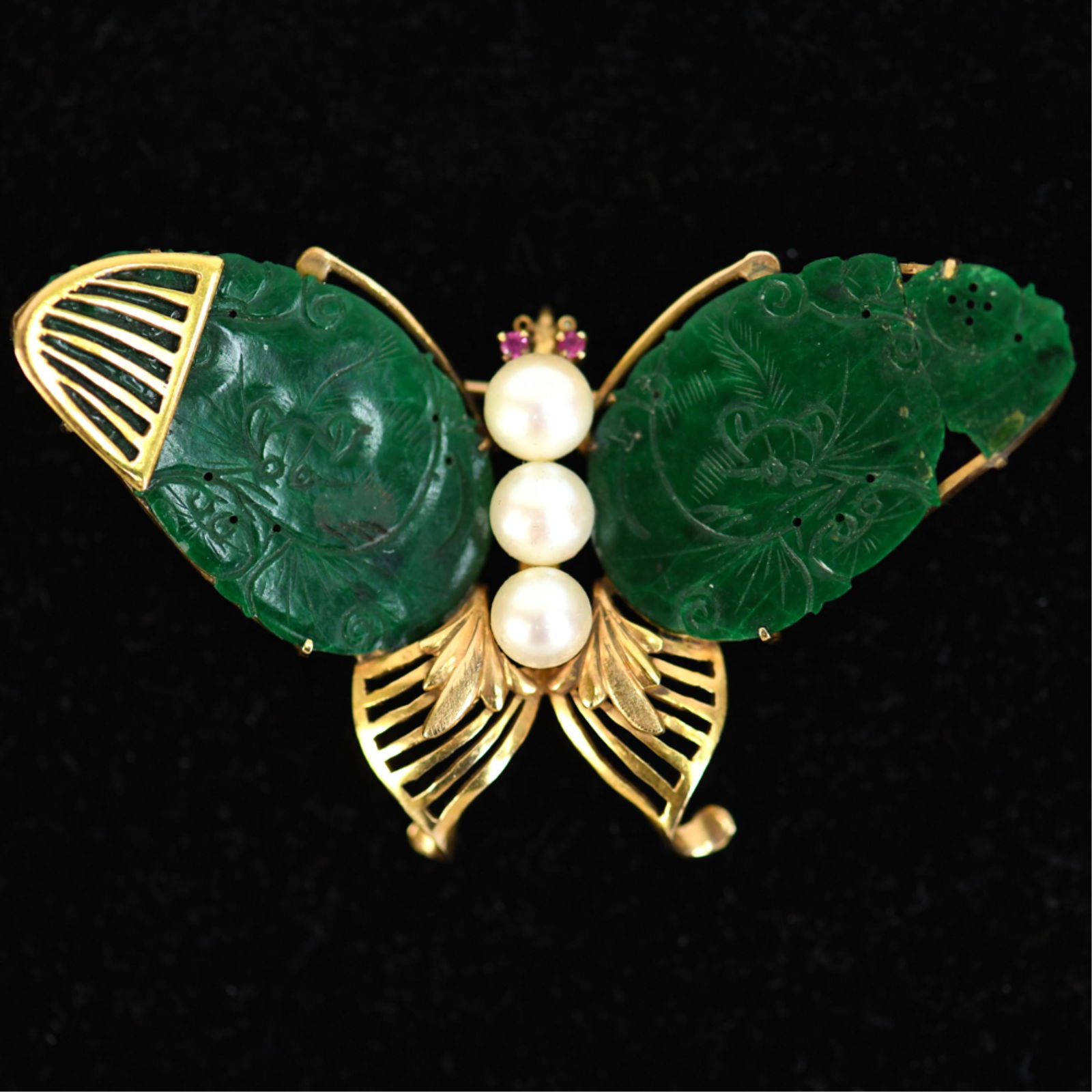 14K GOLD, CHINESE JADE & PEARL BUTTERFLY BROOCH (1 of 6)