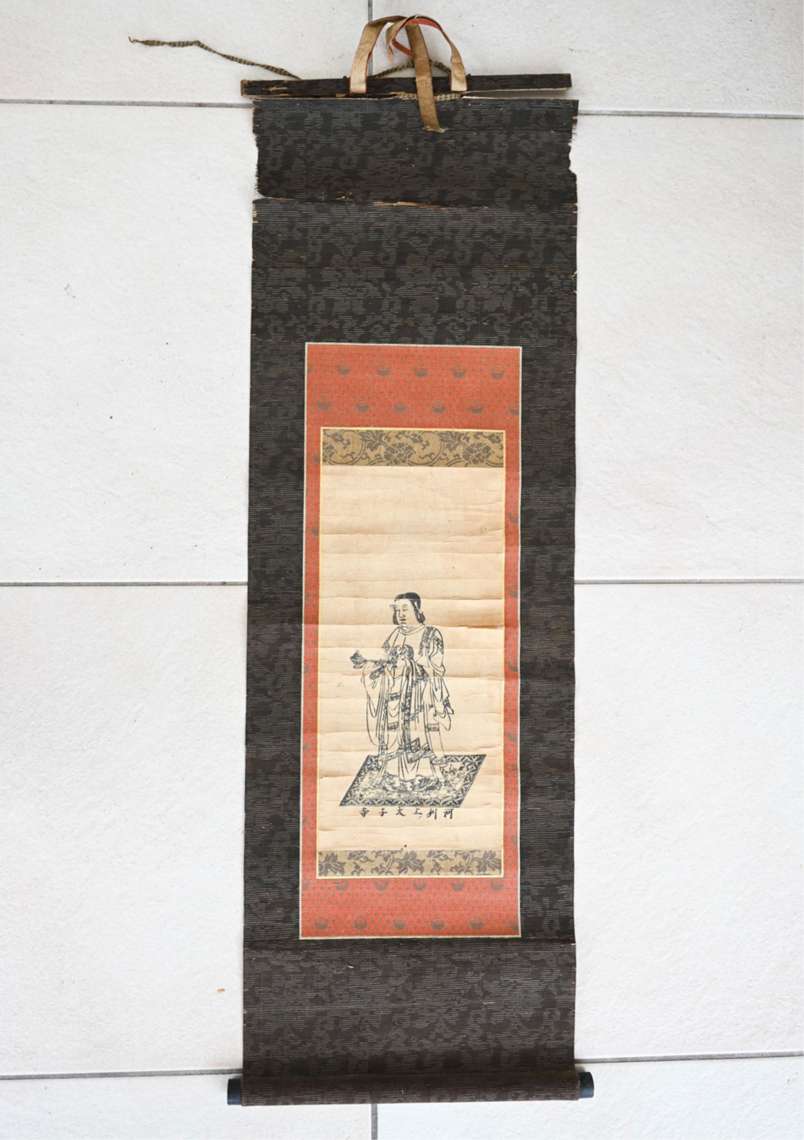 CHINESE SCROLL PAINTING: Dimensions: (Overall) H 34" x W 11" Condition: As is, in need of restorations. Cracks, tears, losses, toning. Top part detached.