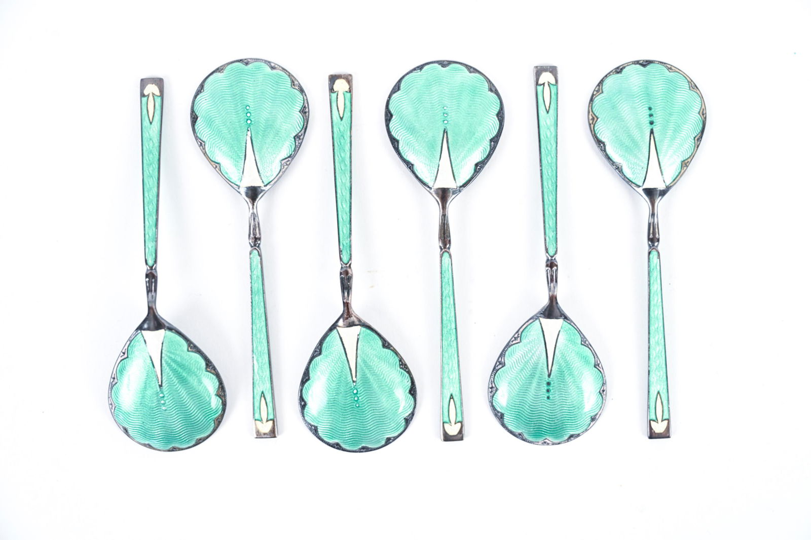 ENGLISH STERLING & GUILLOCHE ENAMEL CAVIAR SPOONS (1 of 9)