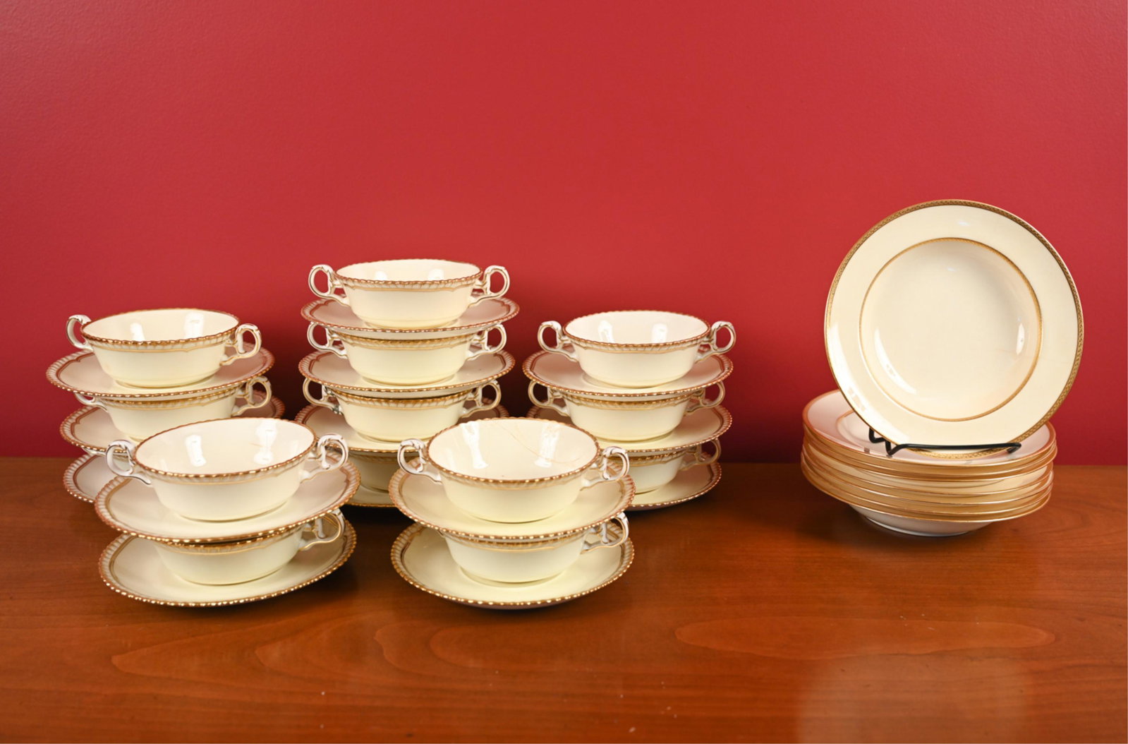 GROUPING OF ENGLISH PORCELAIN: Including Spode and Wright, Tyndale & Van Roden. Dimensions: (Bowl) H 1.5" x Dia. 7.75" Condition: Few scattered chips and repairs. Some with fractures and or cracks. Some minor rubbing.