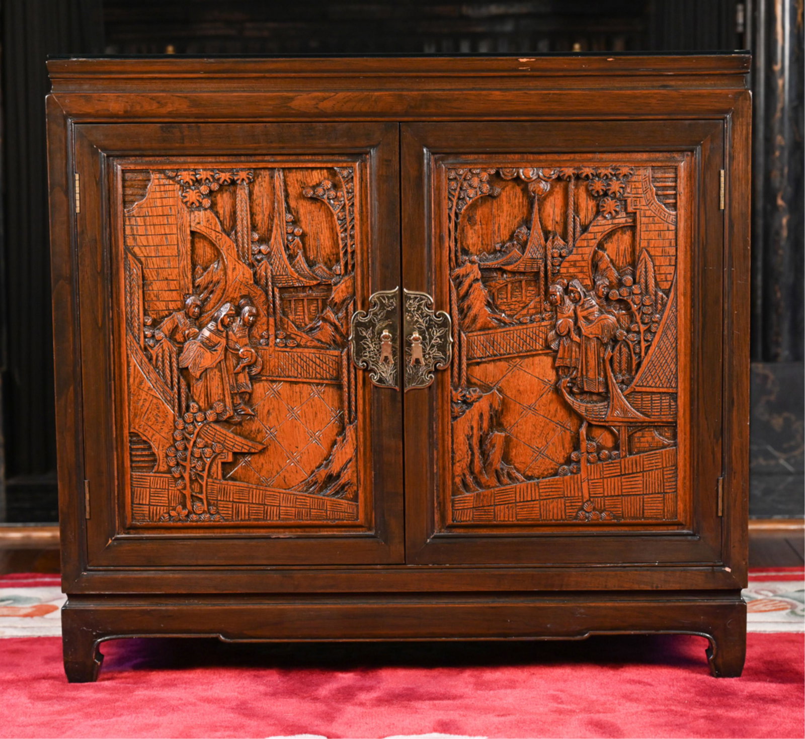 CARVED CHINESE CABINET: With glass top. Carved door fronts. Dimensions: H 33.25" x W 36.5" x D 19" Condition: Some scratches, nicks, dings. Few losses to wood. Few scratches to glass.