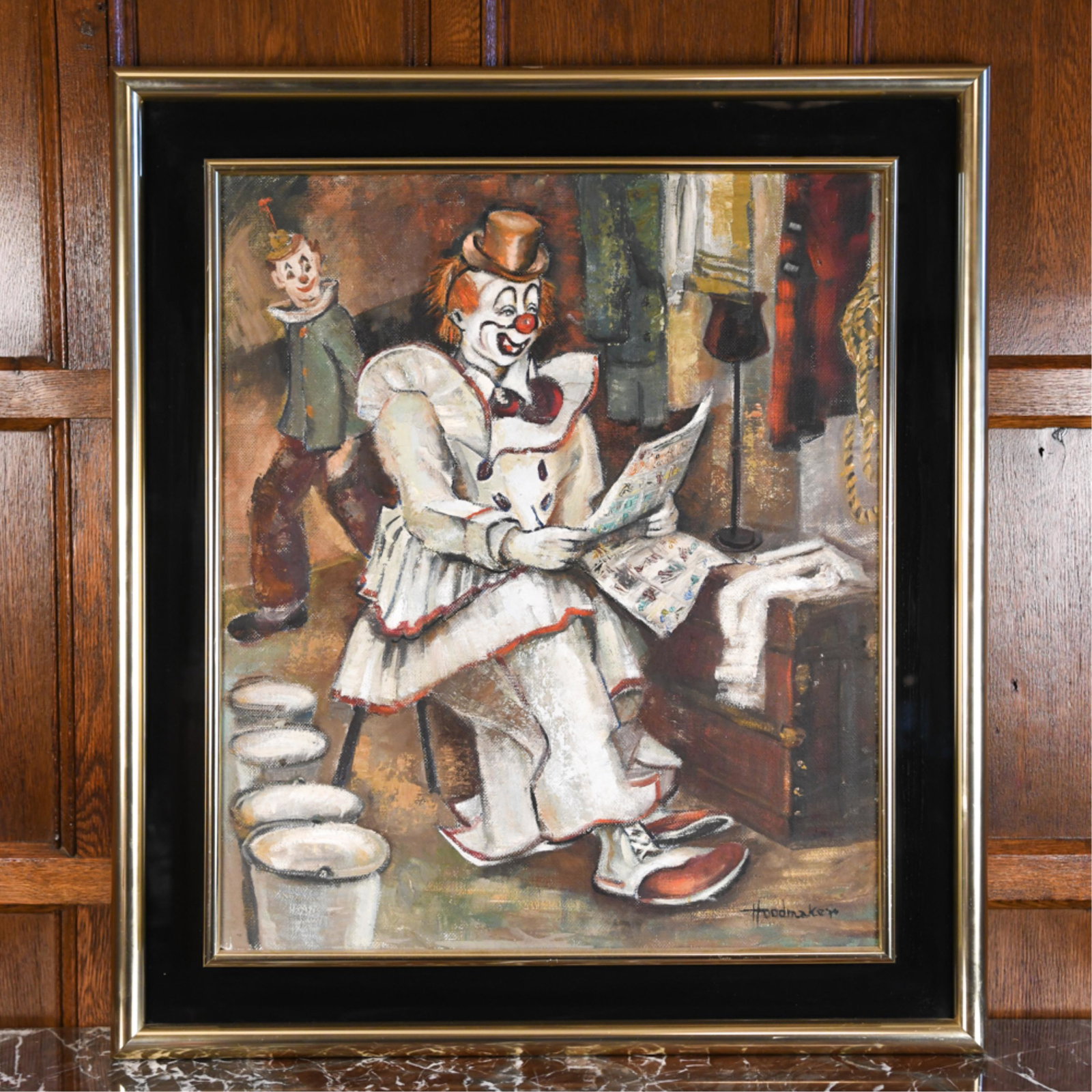 HELEN HOODMAKER (20TH C.) OIL ON MASONITE: Depicting two clowns. Dimensions: (Frame) H 35.5" x W 31.5" (Painting) H 28.5" x W 24.5" Condition: Painting with a few small marks, minor scratches to frame.