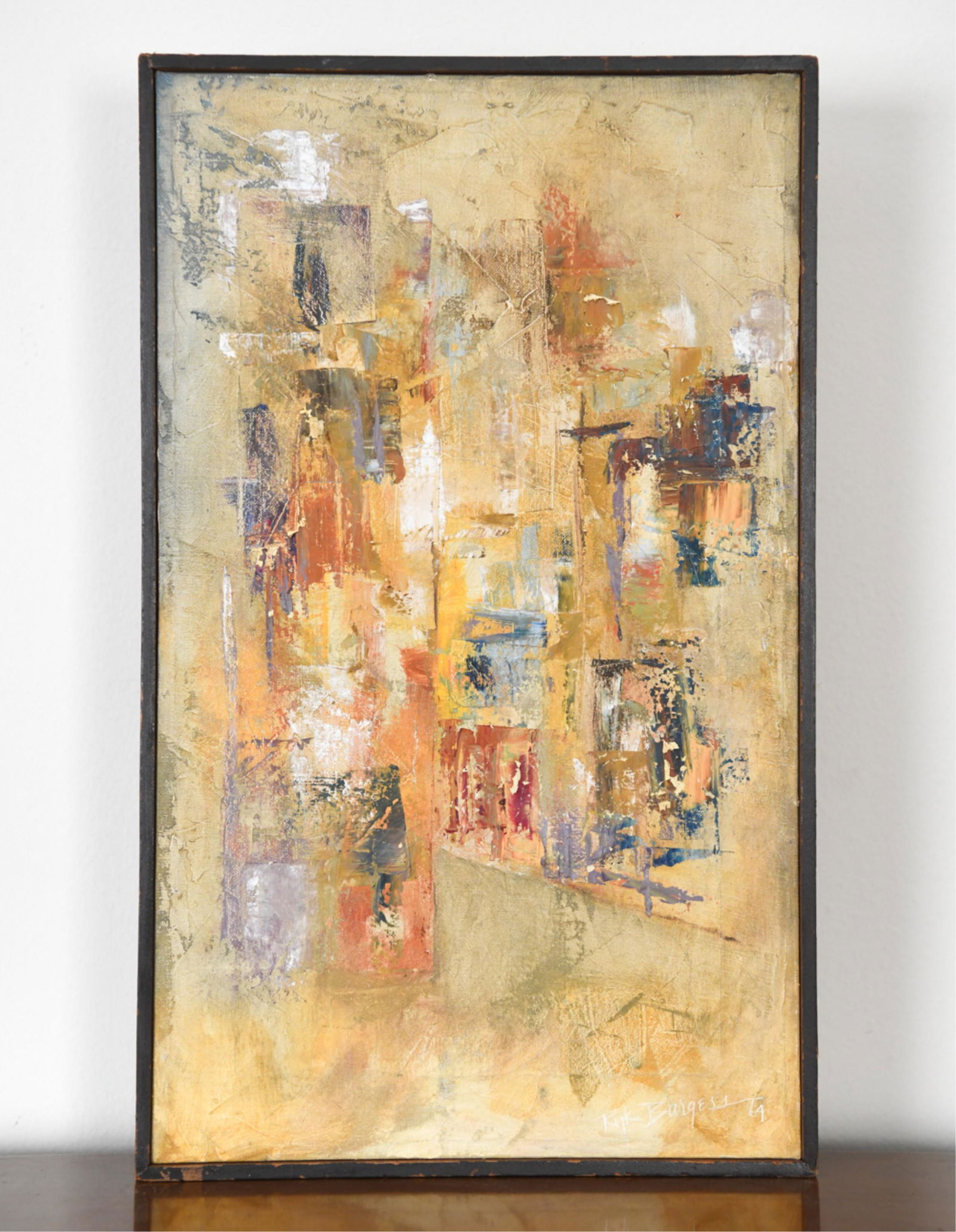 "SIDE STREET" RYE BURGESS 1964 ABSTRACT O/C: Marked on verso, "Side Street" 106- 64 Rye Burgess '64. Also signed bottom right corner. Dimensions: H 20.5" x W 12.5" x D 2" Condition: Some nicks and losses to finish on frame. Crackalor to canvas.