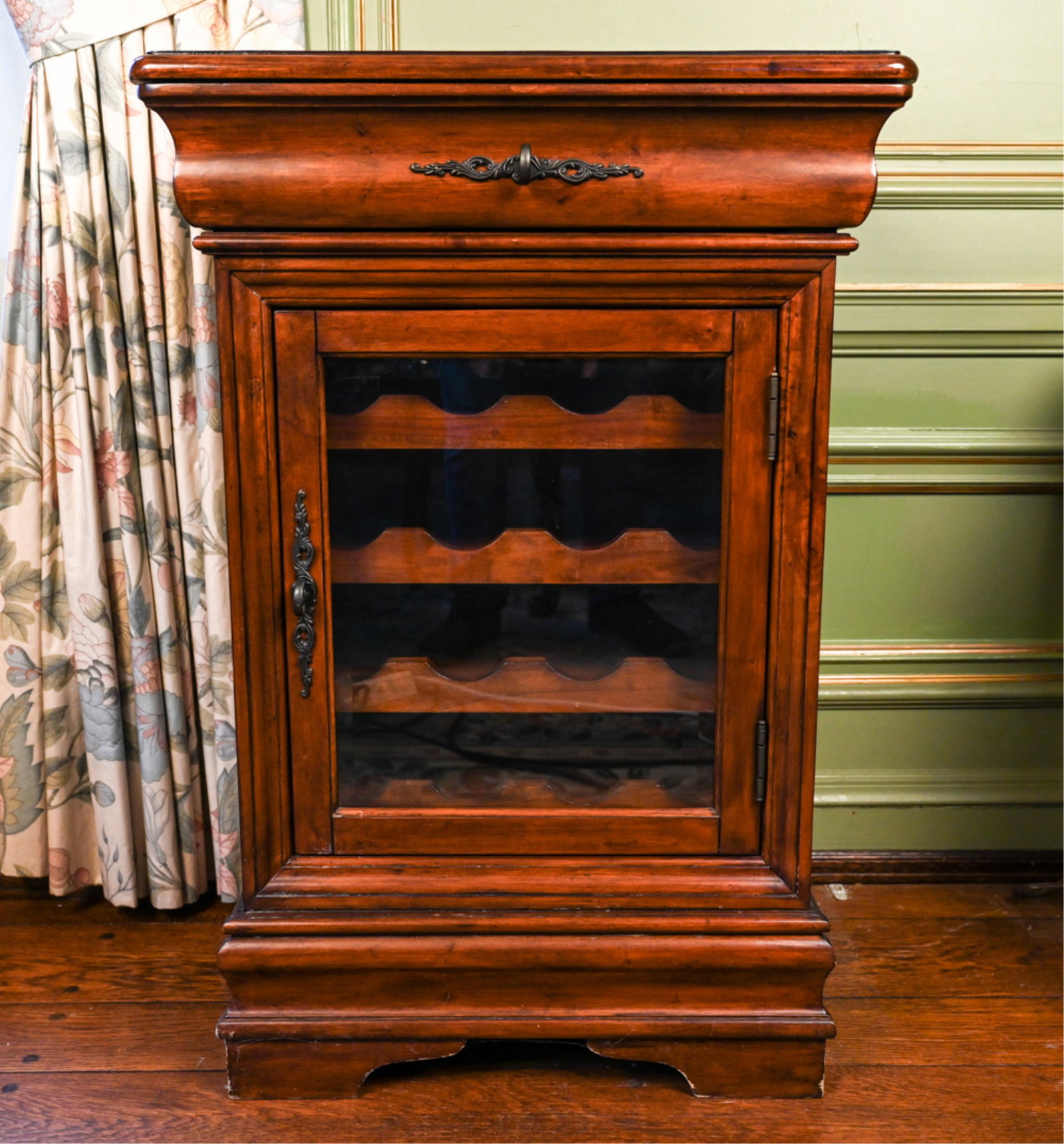 ANTIQUE STYLE MARBLE TOP WINE CABINET: Room for 16 bottles. Dimensions: H 38.5" x W 26" x D 17" Condition: Some surface losses to top wood, other spots of rubbing.