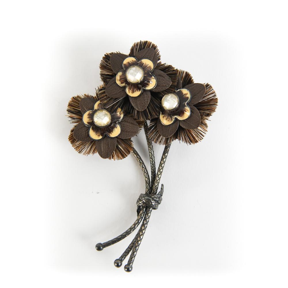 BOTTEGA VENETA STERLING, LEATHER & PONYHAIR BROOCH (1 of 11)