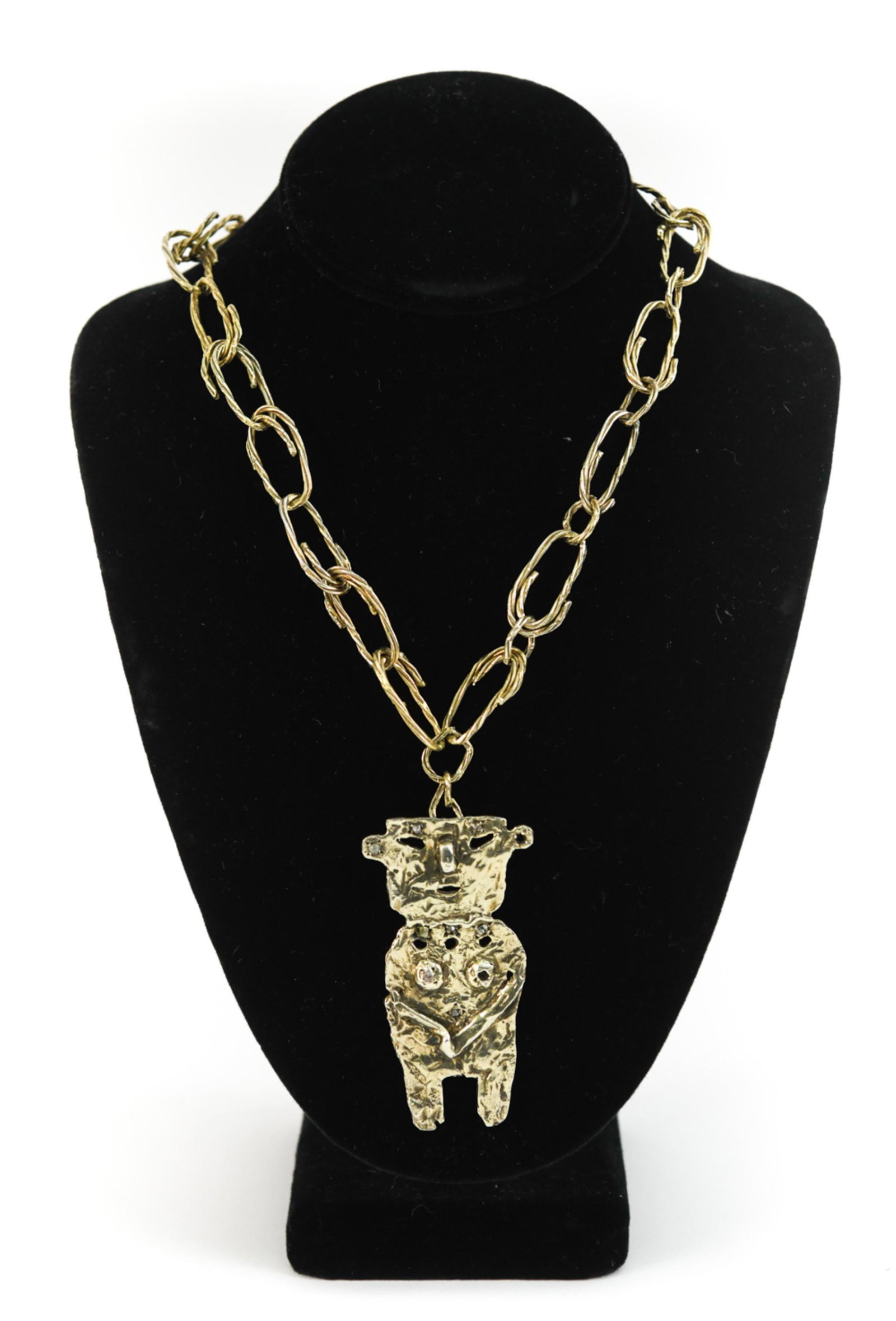 TOBY HELLER VERMEIL & RAW DIAMOND NECKLACE: Unique modernist necklace with figurative pendant and oversized chain links in yellow gold over hammered sterling silver, the pendant set with small raw diamonds. Signed Toby Heller and stamped TH Ste