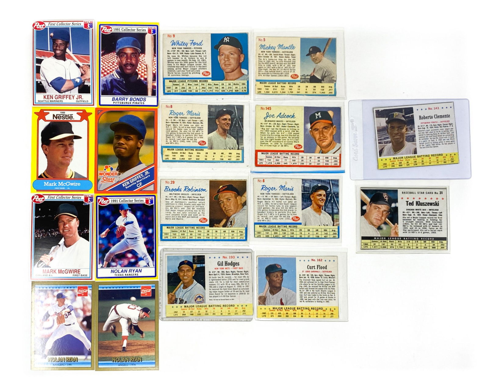 1960'S POST CEREAL BASEBALL CARDS: Including cards from early 1960's and 1990's Post Cereal, Nestle, Wonderbread and Coke Including (2) Roger Maris, Whitey Ford, Joe Adcock, Brooks Robinson, Ted Kluszewski, Curt Flood, Gil Hodges, Ken