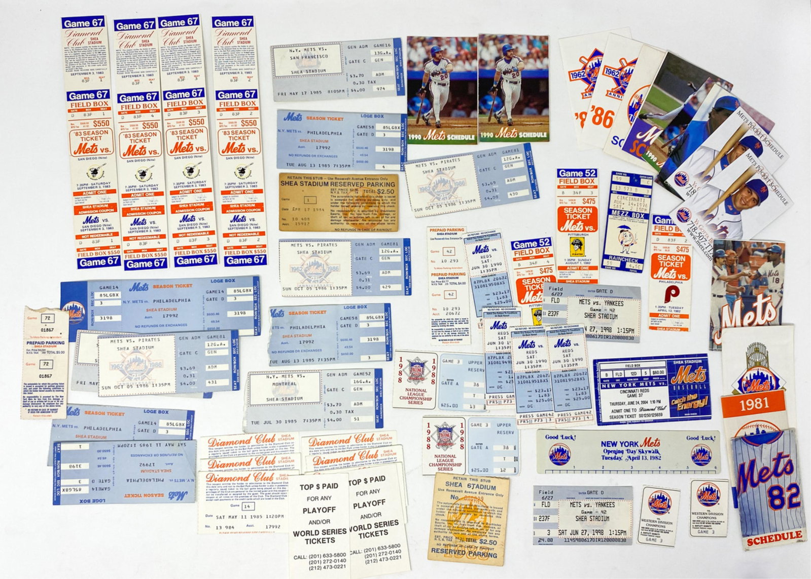 1980’s METS TICKETS AND SEASON SCHEDULES: Various tickets, stubs, and season schedules for the Mets from the 1980's and 1990's. Dimensions: H 2" x W 6" Condition: Various stages of wear consistent with age and use. Including some age toning a