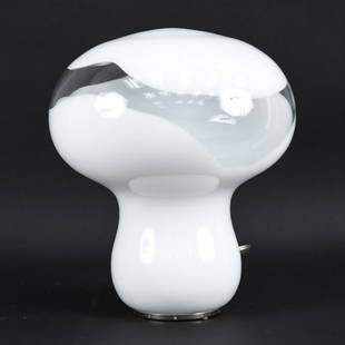 1970S MURANO GLASS MUSHROOM LAMP, STYLE OF VISTOSI: Space-age rounded-form mushroom table lamp with undulating bands of white and clear Murano glass on a thin polished metal base. Apparently unsigned; in the manner of Luciano Vistosi or Carlo Nason for