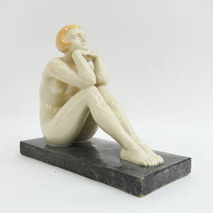 ART DECO MAURICE GUIRAUD-RIVIERE SCULPTURE: Maurice Guiraud-Riviere (1881-1947) Art Deco ceramic figure of a seated woman. Beautiful crackle glaze. Impressed mark and artist signature M. Guiraud-Riviere under. Made in France. Manufactured by ce