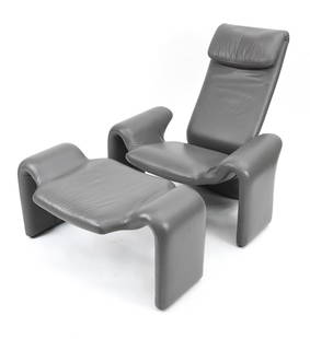 STEVE LEONARD FOR BRAYTON LOUNGE CHAIR & OTTOMAN: Circa 1980's modernist sculptural lounge chair and ottoman in gray leather by Steve Leonard, with Brayton International Collection label under chair. Dimensions: (Chair) H 35" x W 34.5" x D 35" x SH