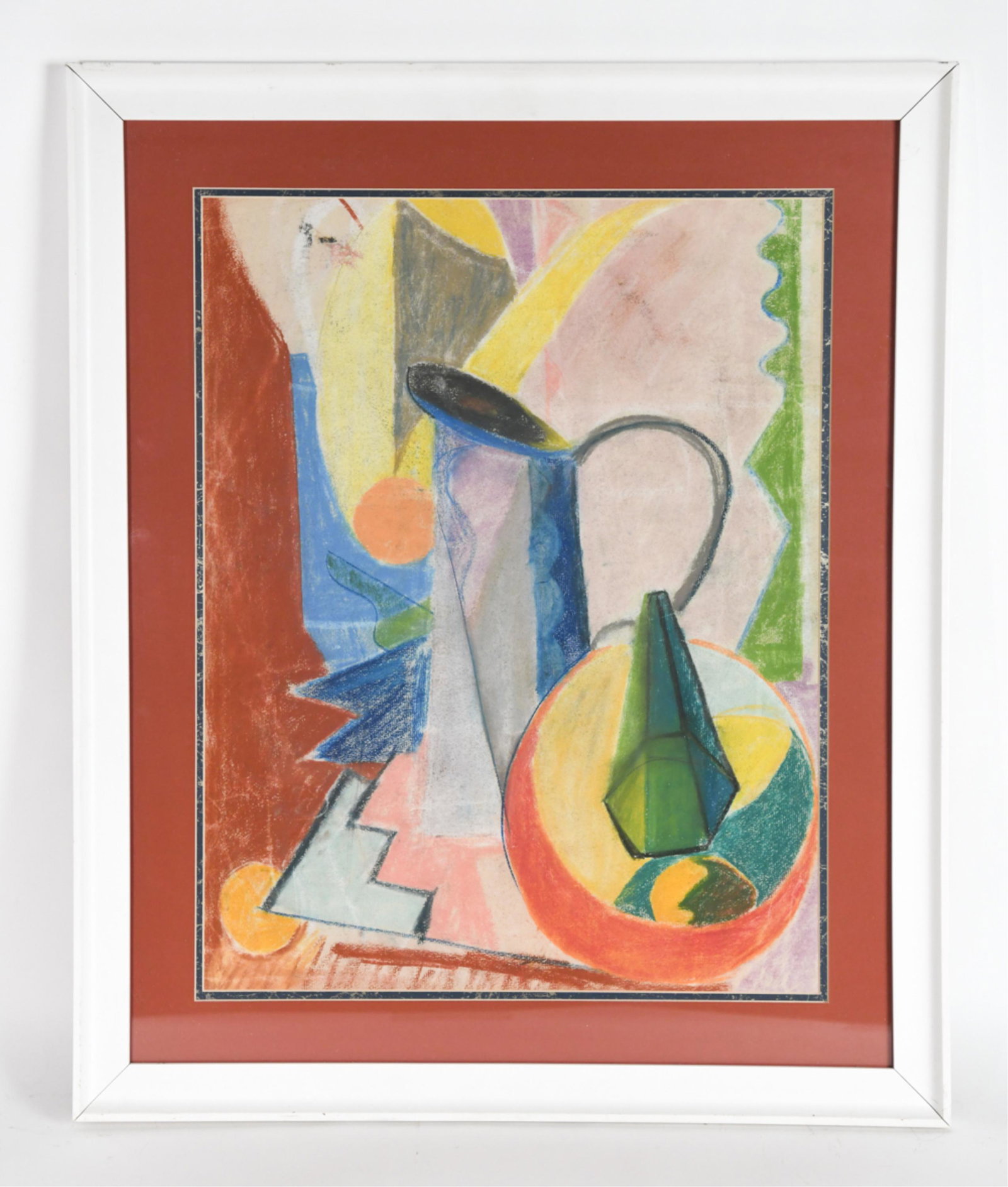 ANNE HELIOFF, WOODSTOCK, NY (1910-2001) STILL LIFE: Modernist still life, pastel and crayon on paper. No signature visible. Artist information verso. Dimensions: (Frame) H 29.5" x W 24.75", (Sight) H 23" x W 17.5" Condition: Smudging, rubbing, losses t