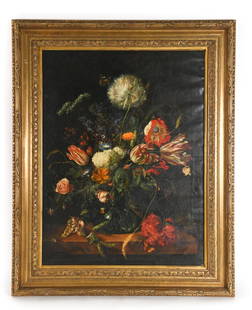 19TH C. O/C AFTER JAN VAN OS: Still life of flowers in glass vase on a ledge. Bears signature lower right. Dimensions: (Frame) H 33.5" x W 27", (Canvas) H 27" x W 20.25" Condition: Old lining. Craquelure in background. Good colors