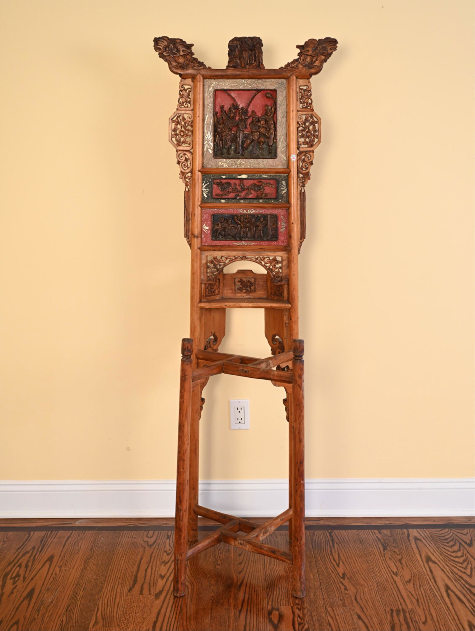 CHINESE CARVED WASH BASIN STAND: Hand carved and hand painted Chinese basin stand. Marked on front right. Dimensions: H 64" x W 22" x D 17" Condition: Stress crack to top middle carving. Nicks, scratches and dents to frame. Previous