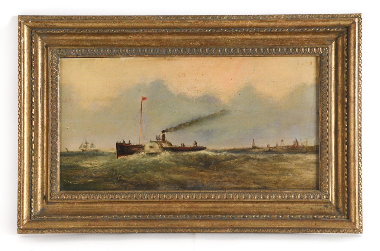19TH C. STEAMSHIP AT SAIL O/B PAINTING: Apparently unsigned, steam ship in foreground with sail ship behind and buildings on the coast. B. Altman & Co, NY label verso. Dimensions: (Frame) H 12.25" x W 19", (Board) H 8" x W 14.75" Condition:
