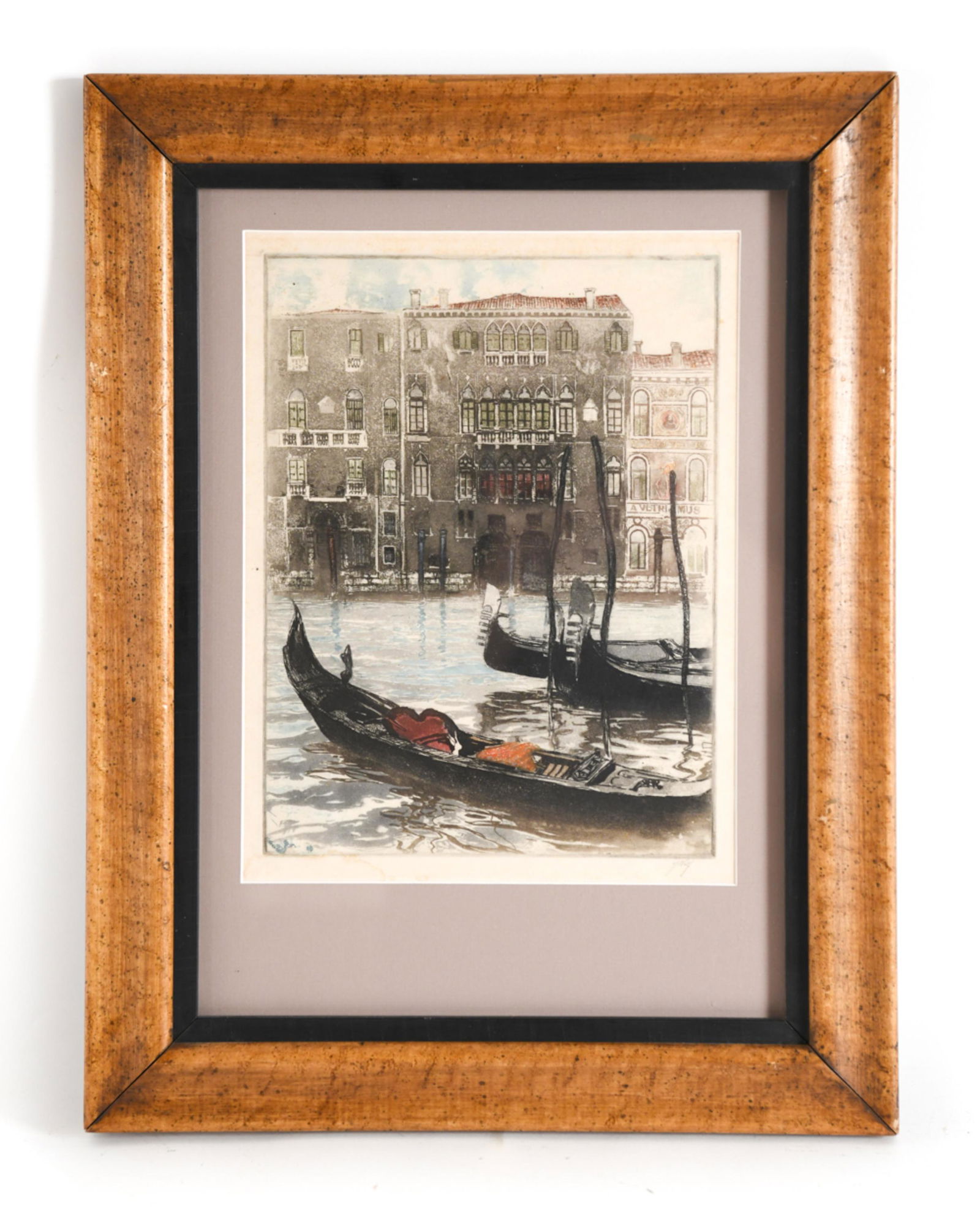 FRANZ XAVER WOLF, AUSTRIAN (1896-1989) AQUATINT: Color aquatint of gondolas in Venice. Pencil signed lower right. Dimensions: (Frame) H 19" x W 14.75", (Sight) H 11.75" x W 8" Condition: Paper with some age toning around the margins. Light water sta