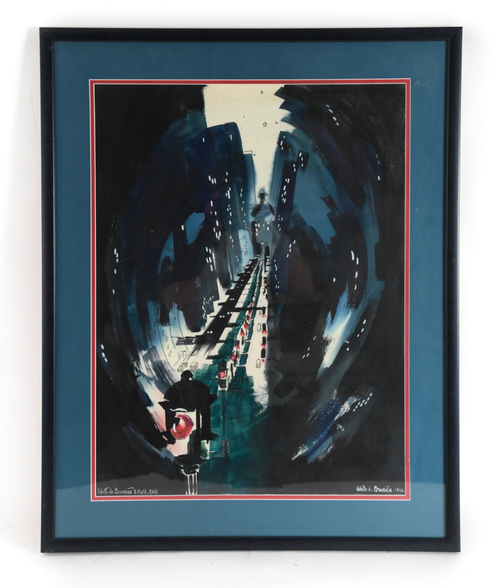 ODETTE DE BRUNIER MODERNIST PRINT: Modernist city view NYC. Signed and dated 1946 lower right and again 2008 to the left. Dimensions: (Frame) H 31" x W 24.75", (Sight) H 24" x W 15" Condition: A few light surface scratches to the print