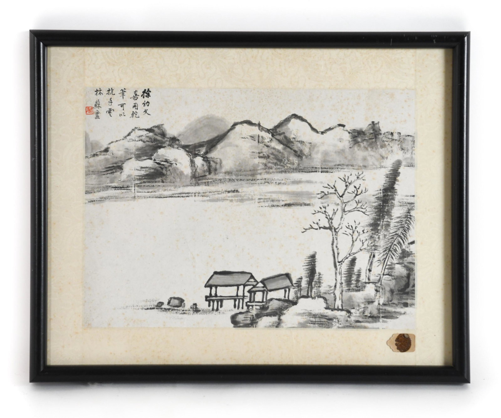 MODERN CHINESE INK PAINTING: Monochrome ink on paper. With inscription and red seal signature. Also under glass is old tag with Chinese certification seal. Dimensions: (Frame) H 14" x W 17.5", (Painting) H 9.25" x W 13.5" Conditi
