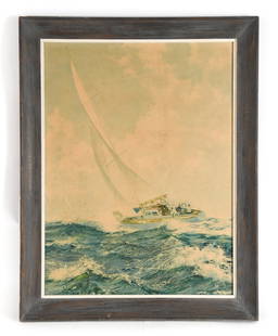 MODERN REPRODUCTION PRINT: After Montague Dawson. Dimensions: (Frame) H 29" x W 22.75", (Sight) H 24.5" x W 16.5" Condition: Print yellowed with surface distress in spots. Frame with some marks.