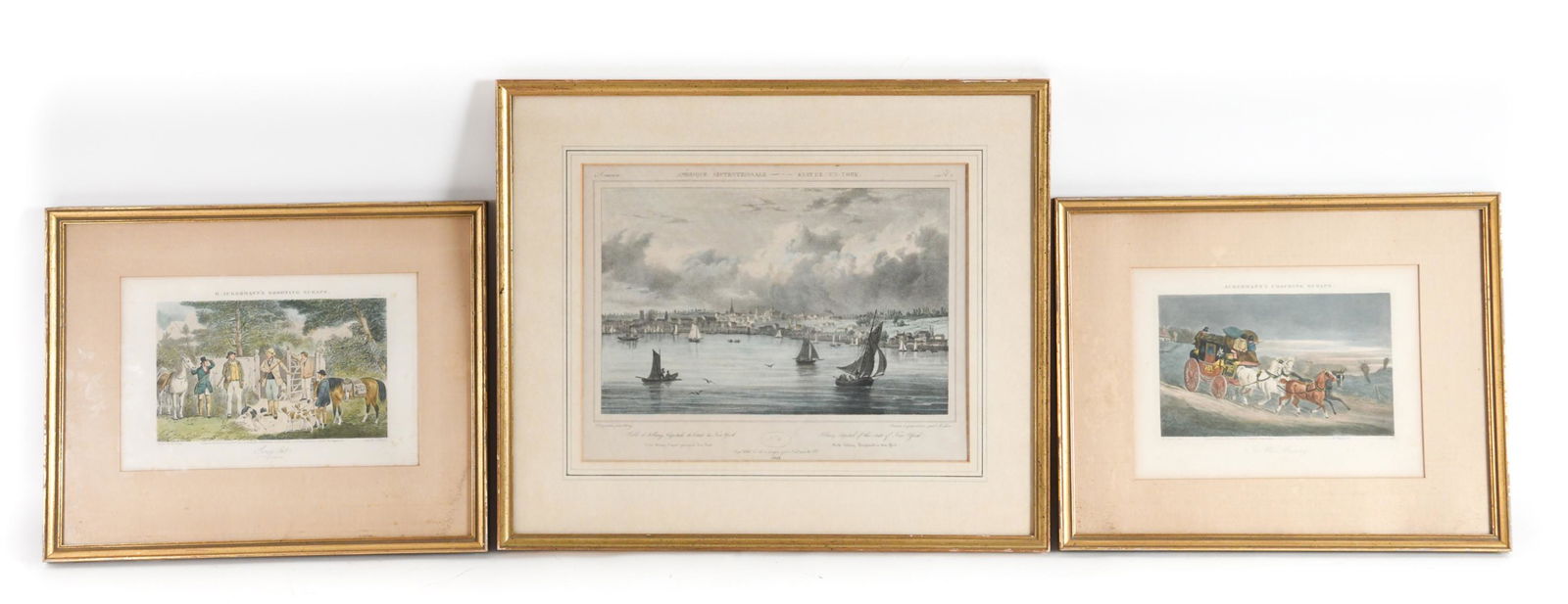 (3) COLOR LITHOGRAPHS: Including a French vue de New York, Ackermanm's shooting scraps, and another of coaching scraps. Dimensions: (Largest frame) H 15.5" x W 18", (Sight) H 9.75" x W 12.5" Condition: All with age toning,
