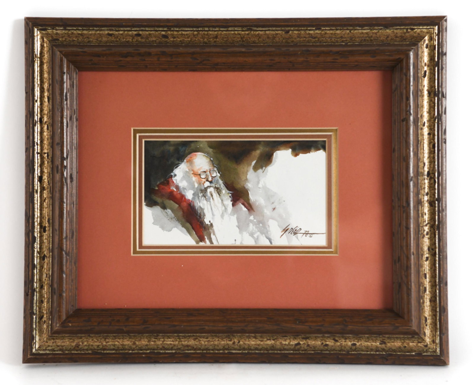 LARRY GREER, OKLAHOMA (20TH C.) WATERCOLOR: Watercolor of a man, signed, dated '70 lower right. Artist label verso titles "Red Robes." Dimensions: (Frame) H 12.75" x W 15.5", (Sight) H 4" x W 6.75" Condition: Paper appears clean. Colors bright.