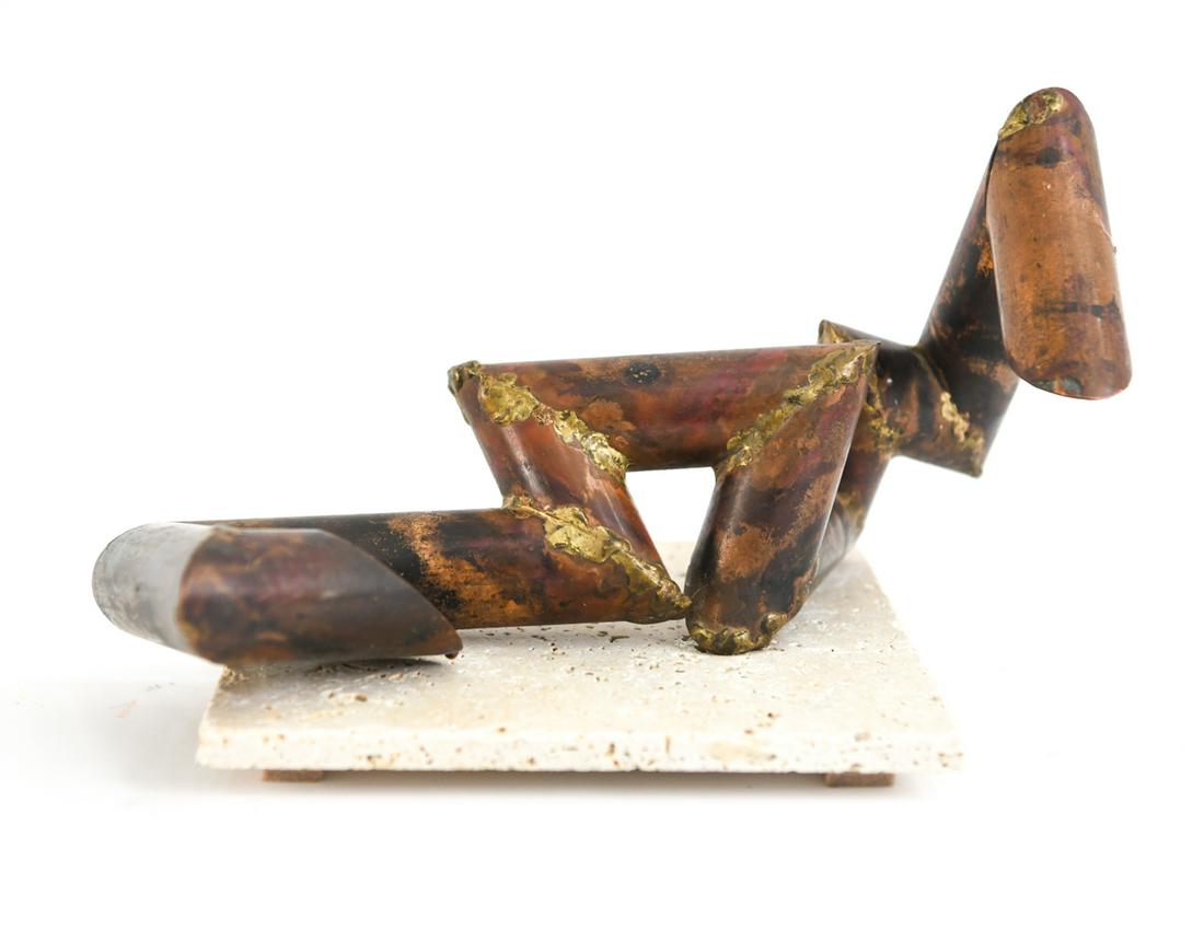 MODERNIST ABSTRACT METAL SCULPTURE: Welded and patinated tubular metal abstract sculpture on travertine base. Apparently unsigned. Dimensions: H 7.25" x W 12" x D 8" Condition: Light surface wear.