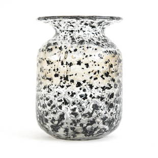 1960'S ORUP FOR JOHANSFORS STROMBOLI GLASS VASE: Unique and rare speckled Swedish art glass "Stromboli" vase designed by Bengt Orup for Johansfors, signed Johansfors Orup underneath. Dimensions: H 8.5" x Dia. 6" Condition: Showing light wear includi