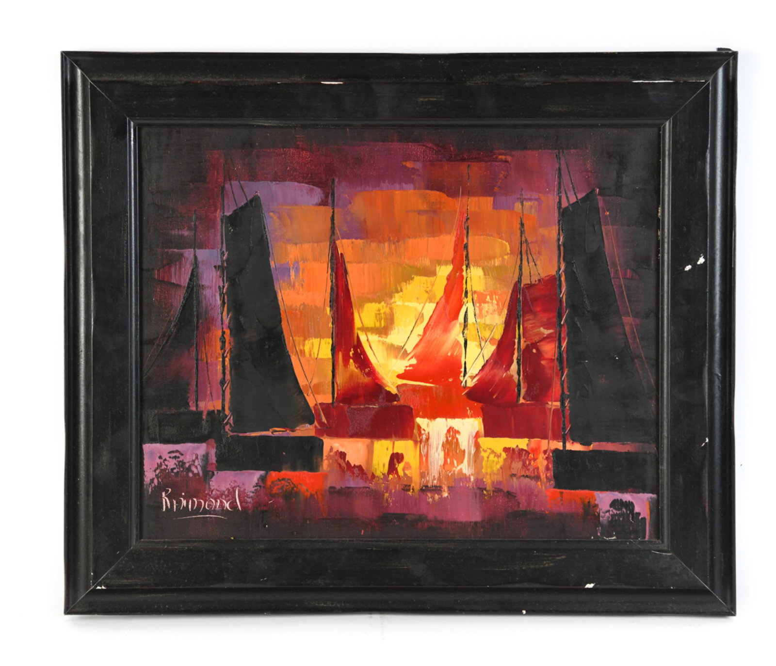 CONTEMPORARY O/C: Signed Raimond lower left. Sailboats at sunset. Dimensions: (Frame) H 21" x W 25", (Canvas) H 15.25" x W 19.25" Condition: Some surface scrapes to picture and frame.