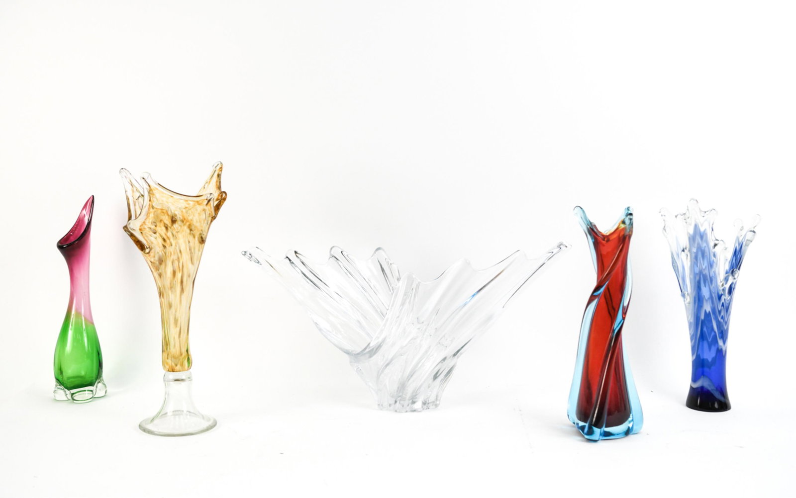 (5) SWUNG ART GLASS VASES INCL. VANNES: Large clear vessel signed Vannes Cristal. Others unsigned. Dimensions: (Vannes) H 11.75" x W 23" x D 8" Condition: Light signs of handling.