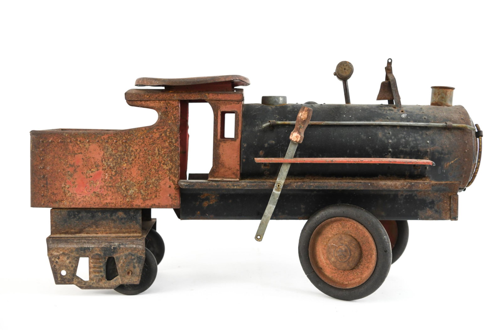 1930'S KEYSTONE RIDE ON CHILDS TRAIN: Metal with wood handles. Dimensions: H 13" x W 25.5" x D 8" Condition: Wear consistent with being outdoors. Missing a pair of rear wheels and the component that attaches to side handle.