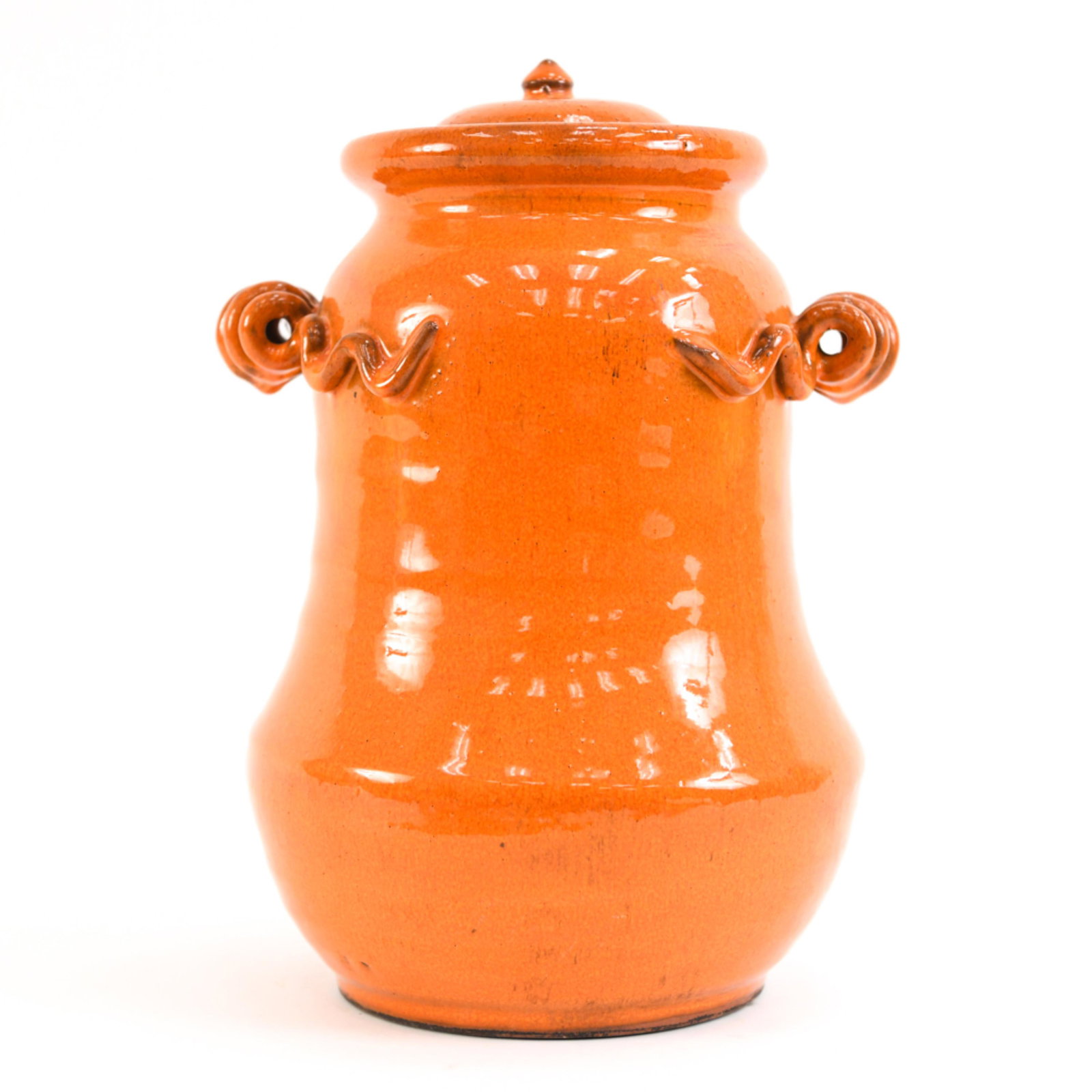 TALL CERAMIC HANDLED CANNISTER: Unsigned. Dimensions: H 13" x D 9" Condition: Couple light rubs consistent with handling.
