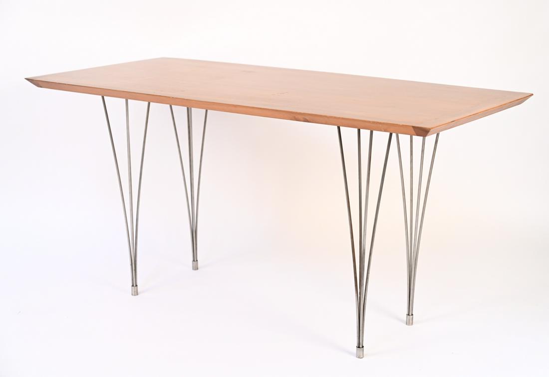 DANISH STAINLESS AND WOOD DESK: Dimensions: H 29" x W 56.5" x D 26" Condition: Wear consistent with age and use. scuffs, scratches, and nicks, Could use a light refinishing